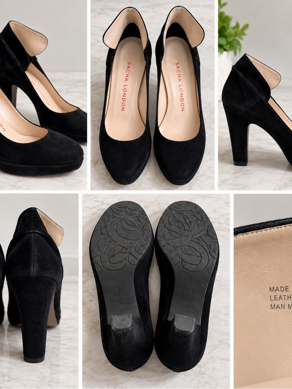 Sacha London Black Suede Round-Toe Block Heel Pumps